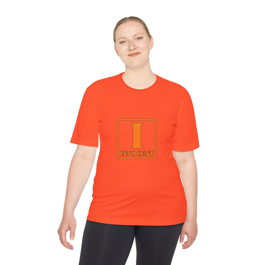Innocent Block Letter Tee — Orange 'I' Graphic Moisture-Wicking Shirt