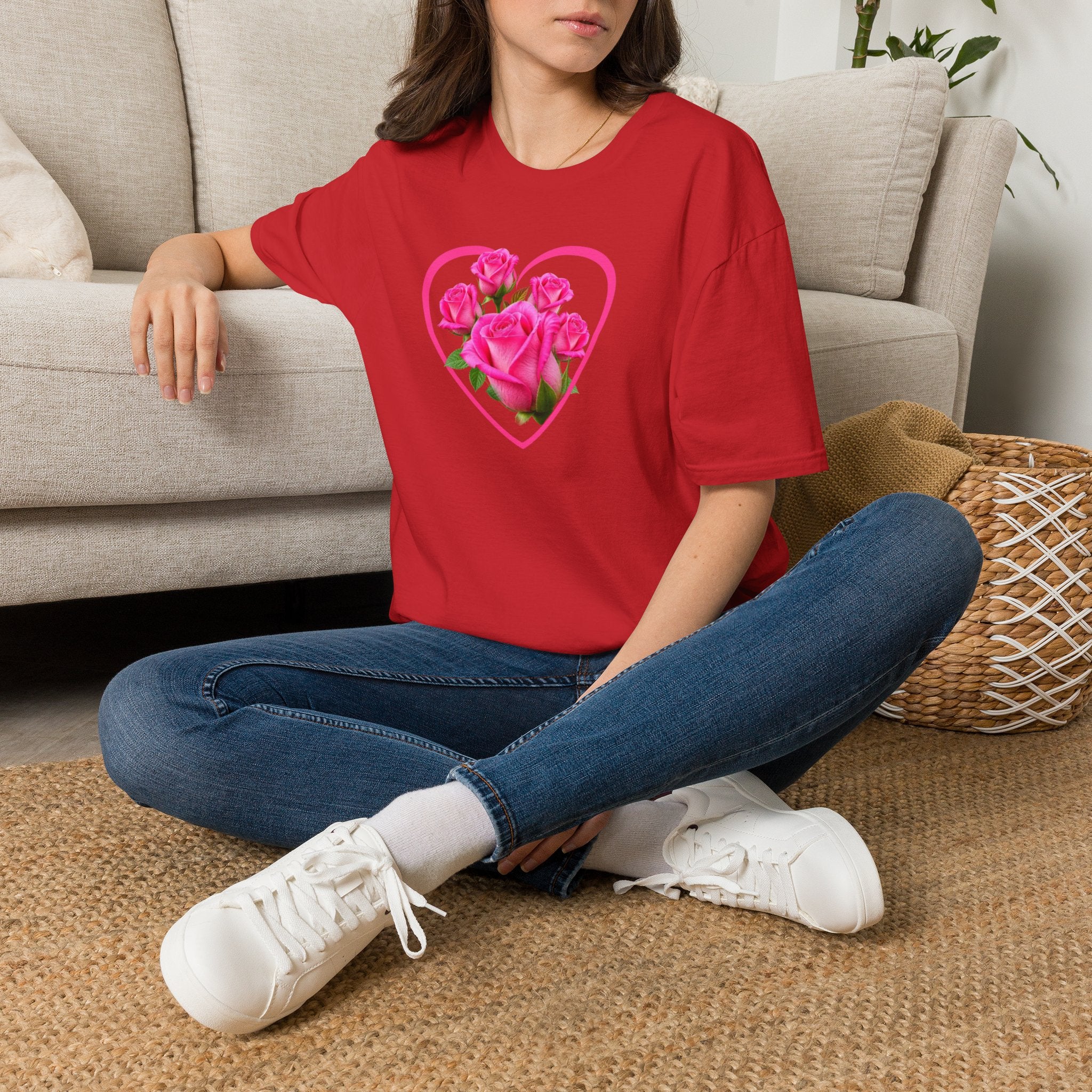 T-Shirt — Pink Rose Heart Floral Tee (Valentine’s Day, Romantic Gift)