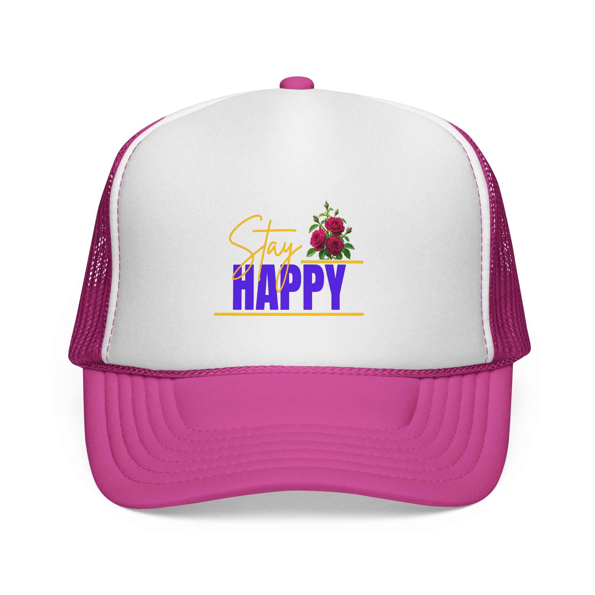 Stay Happy Trucker Hat — Floral Positive Vibe Cap