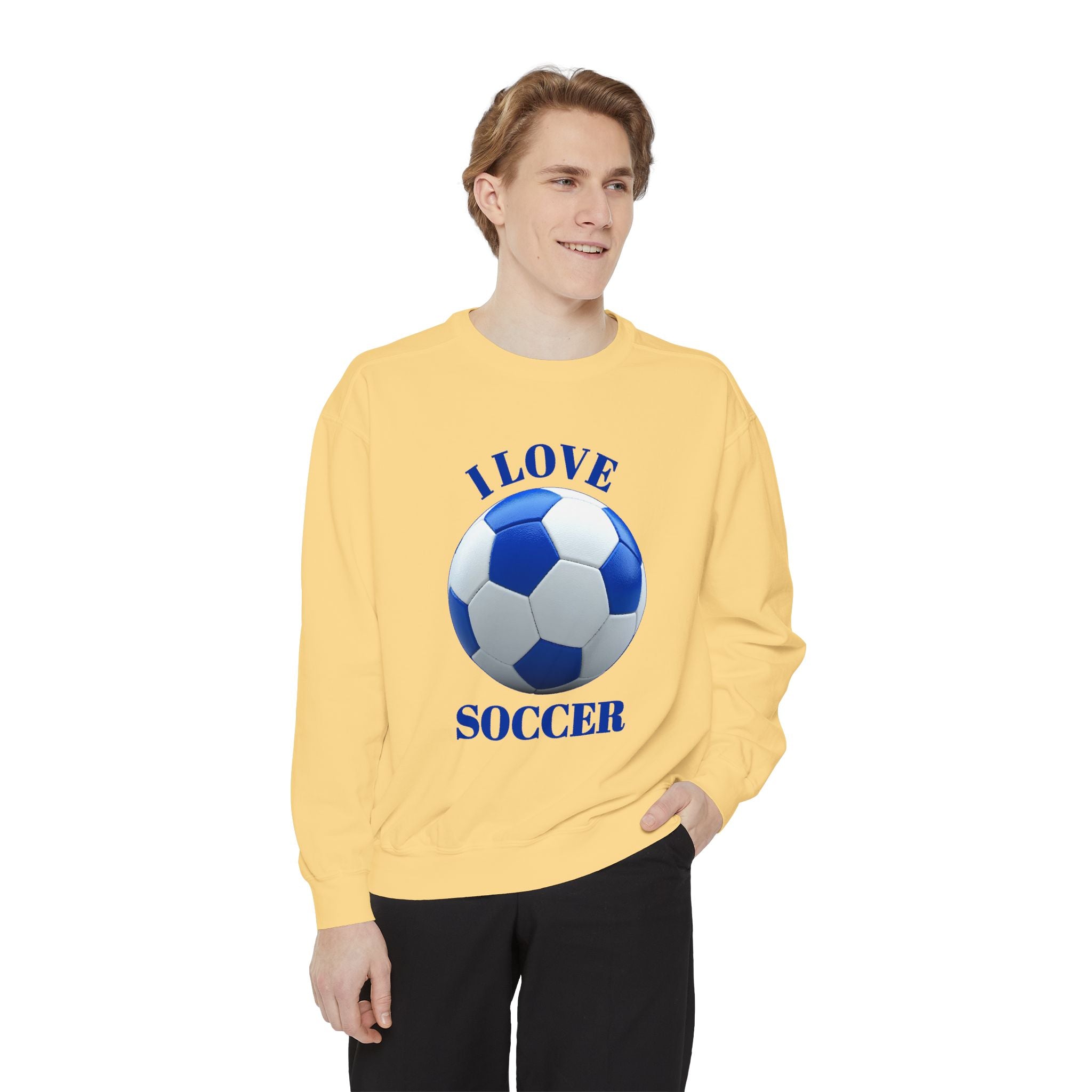I Love Soccer Sweatshirt — Blue Soccer Ball Crewneck