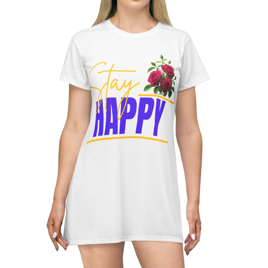 Stay Happy Floral T-Shirt Dress — Positive Quote Casual Dress