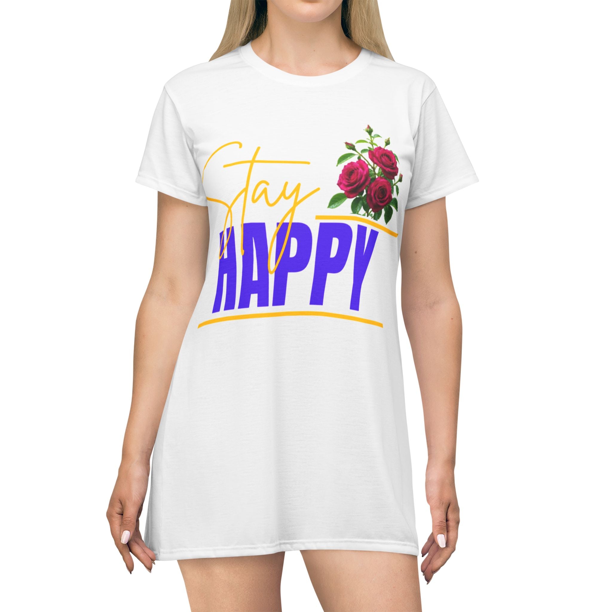 Stay Happy Floral T-Shirt Dress — Positive Quote Casual Dress