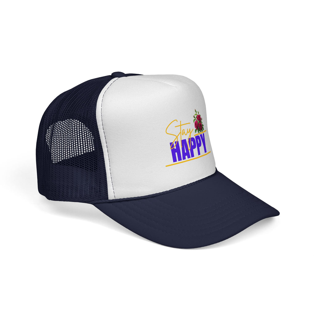 Stay Happy Trucker Hat — Floral Positive Vibe Cap