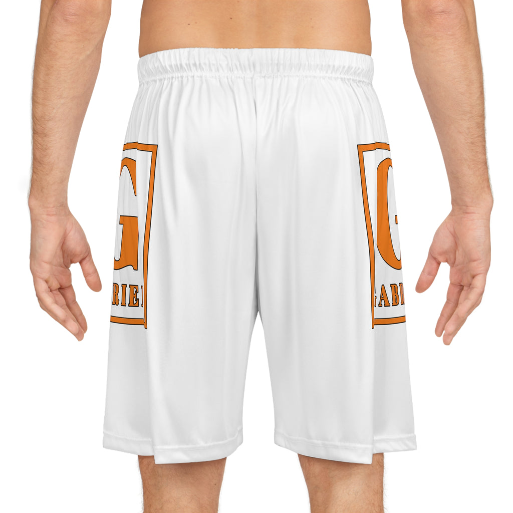Custom Name Basketball Shorts — White AOP Shorts with Orange 'GABRIEL' Side Logo