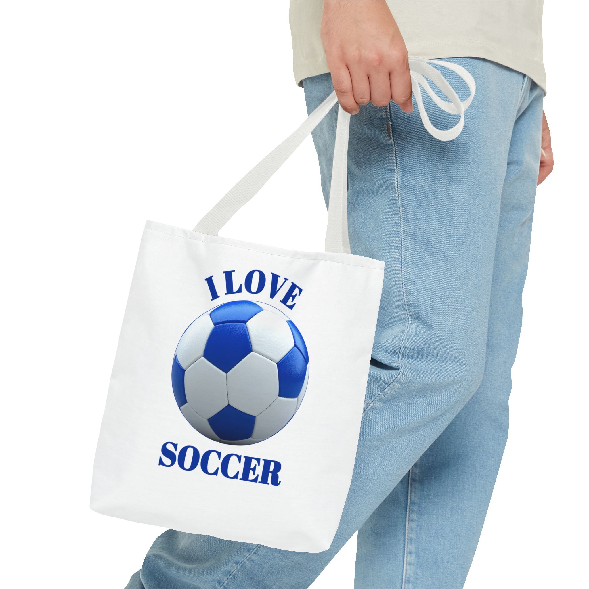 I Love Soccer Tote Bag — Blue Soccer Ball Gym & Game Day Tote