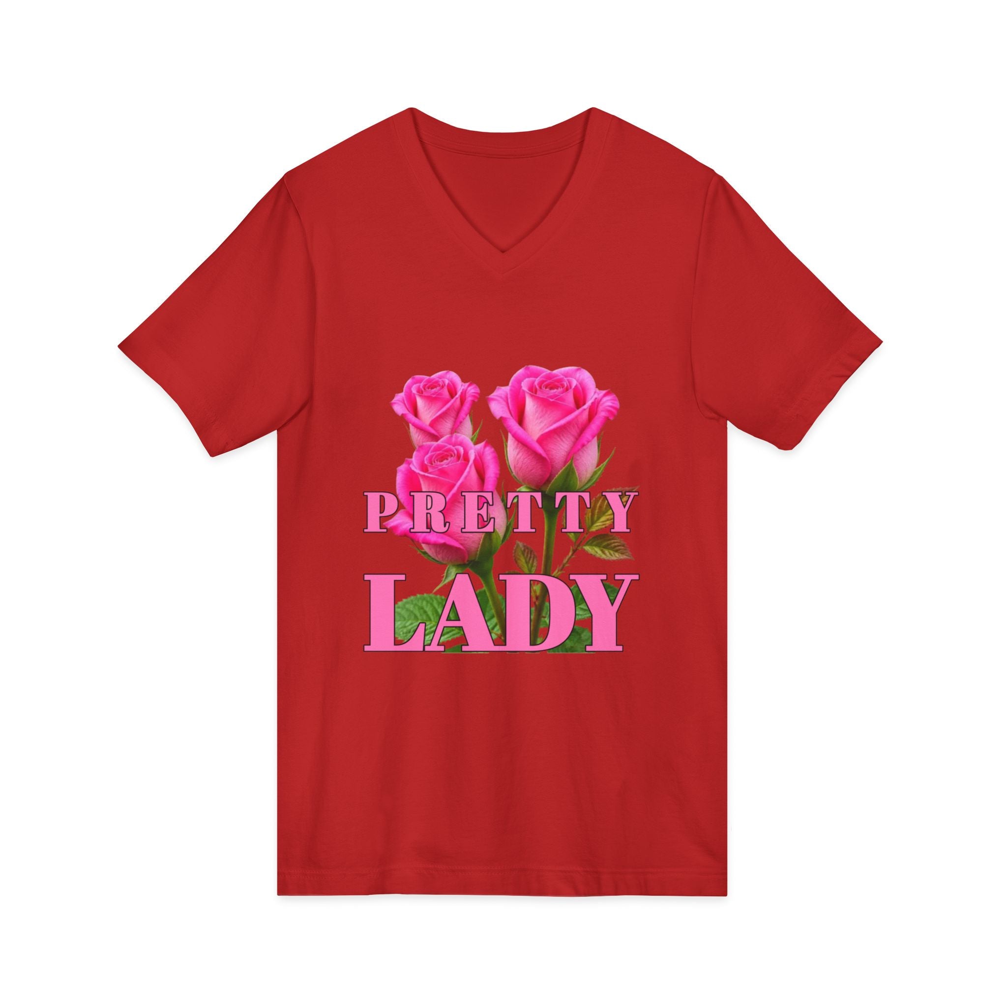 Pretty Lady V-Neck Tee — Pink Rose Floral Graphic Shirt