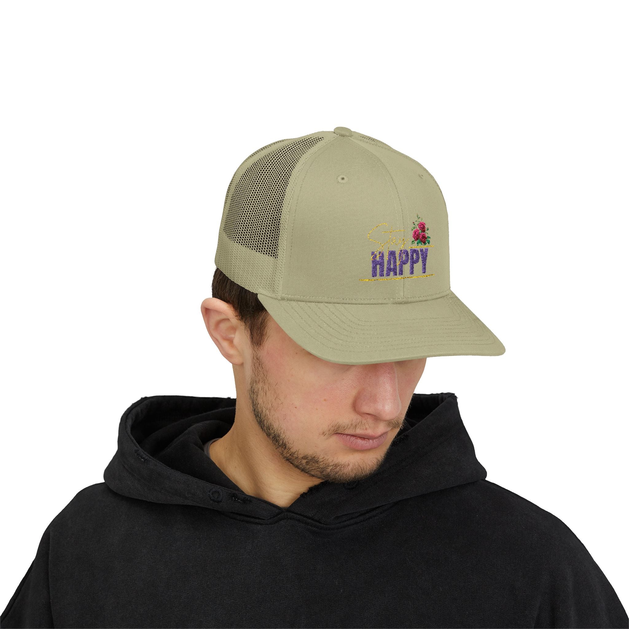 Trucker Cap — Be Happy Floral Embroidered Snapback