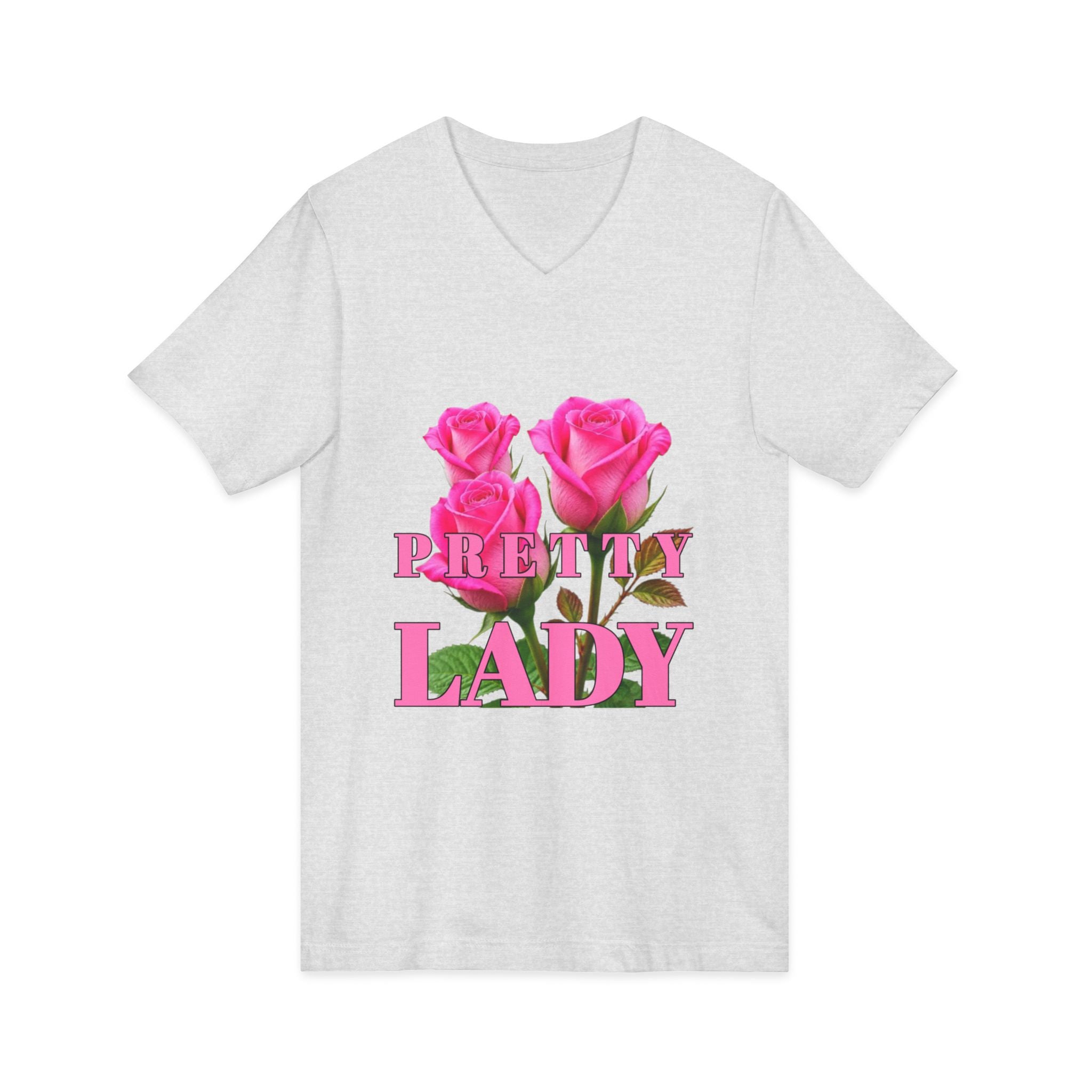 Pretty Lady V-Neck Tee — Pink Rose Floral Graphic Shirt