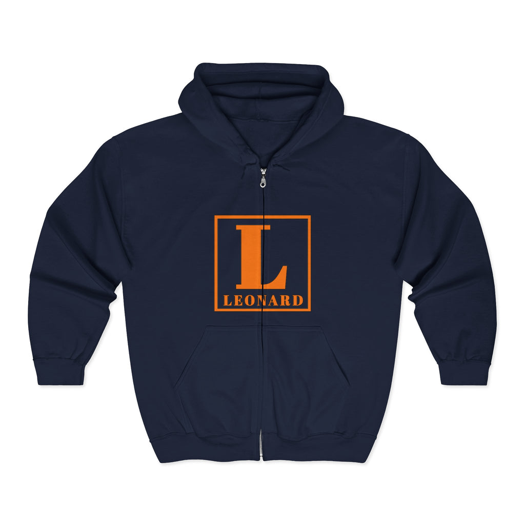Leonard Initials Zip Hoodie — Orange Block Letter L Full‑Zip Sweatshirt