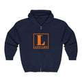 Leonard Initials Zip Hoodie — Orange Block Letter L Full‑Zip Sweatshirt
