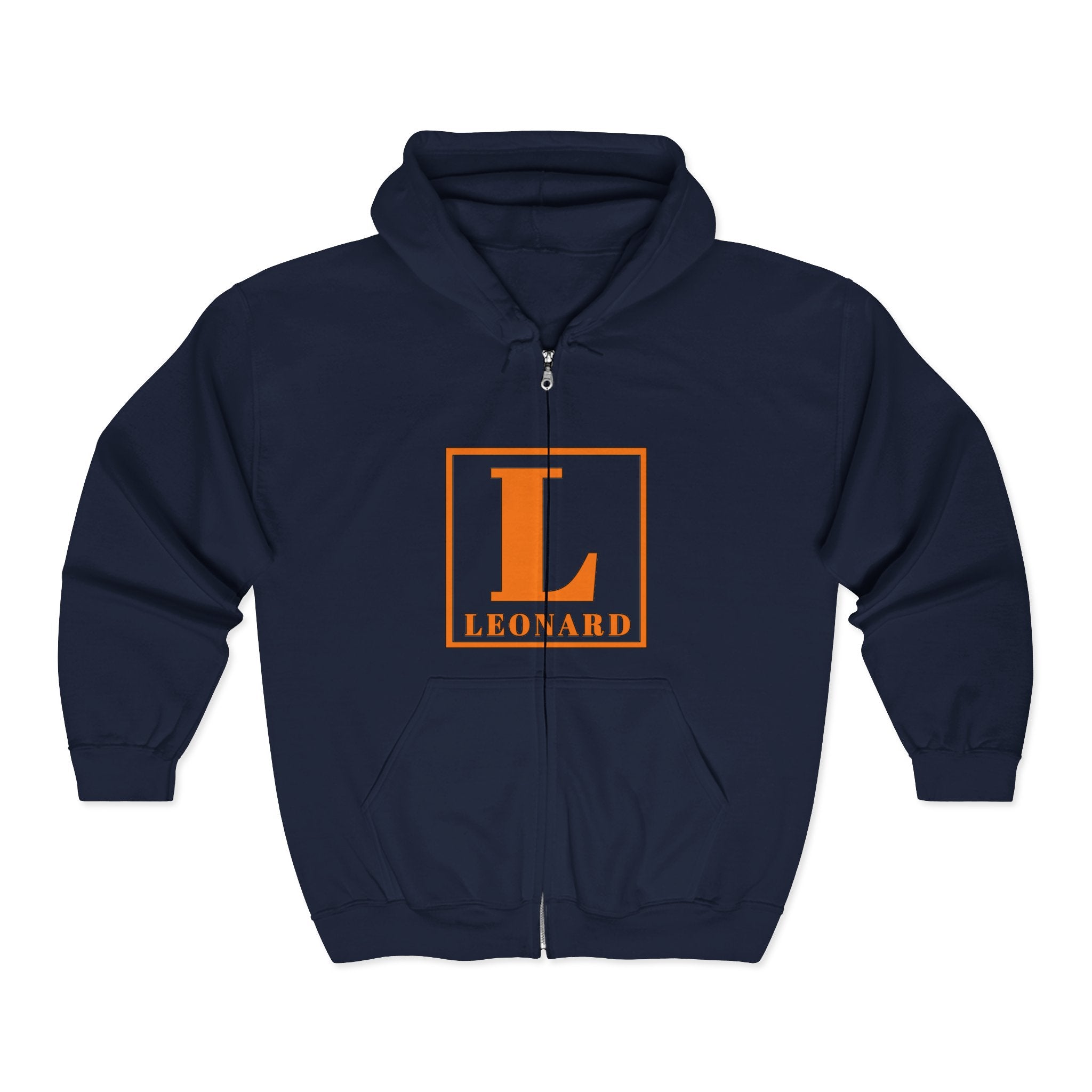 Leonard Initials Zip Hoodie — Orange Block Letter L Full‑Zip Sweatshirt