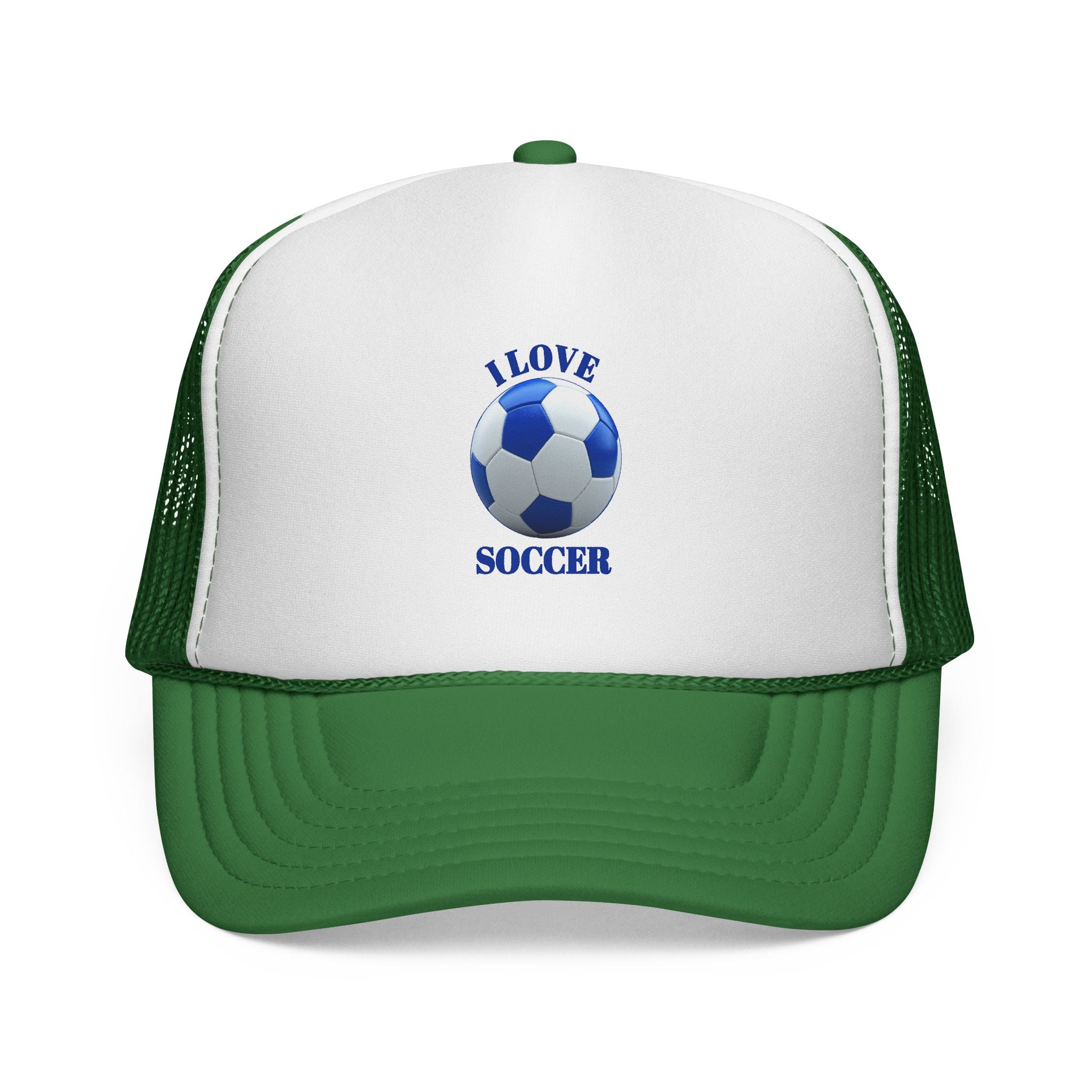 I Love Soccer Trucker Hat – Blue Soccer Ball Mesh Cap for Fans & Players