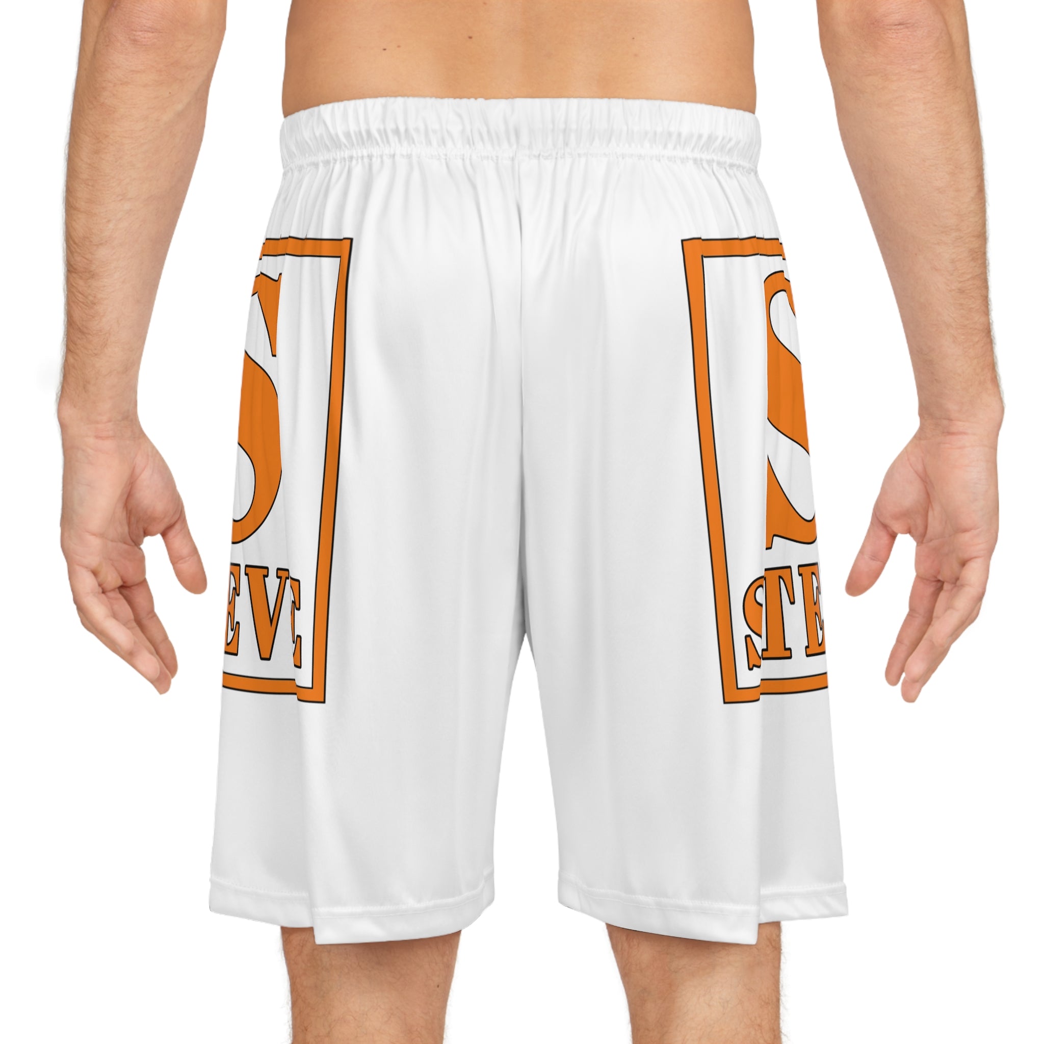 Basketball Shorts — White AOP with Orange 'S STEVE' Retro Logo