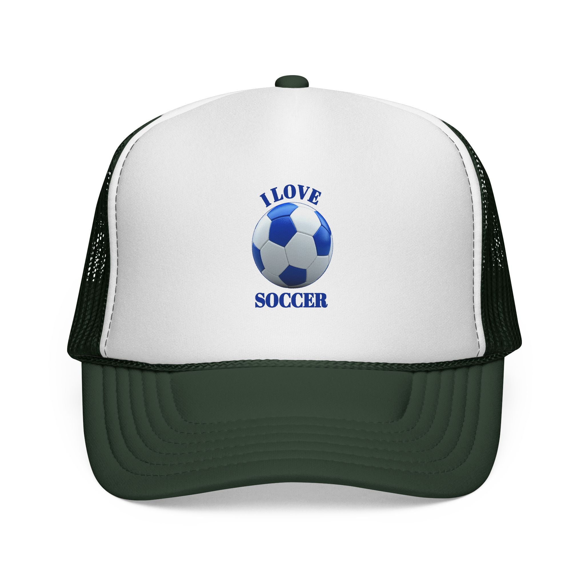 I Love Soccer Trucker Hat – Blue Soccer Ball Mesh Cap for Fans & Players