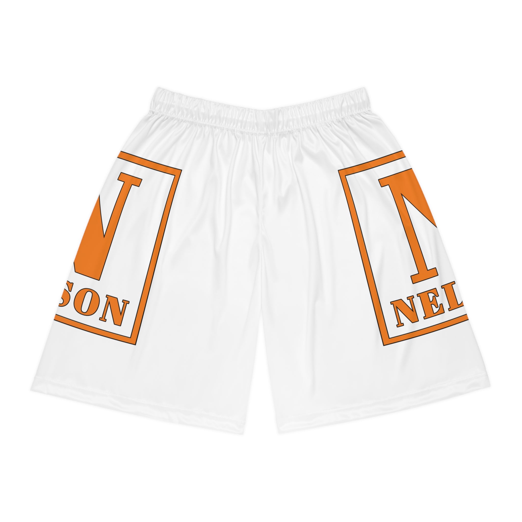 Custom Team Basketball Shorts — Orange ‘N Nelson’ Logo All-Over Print