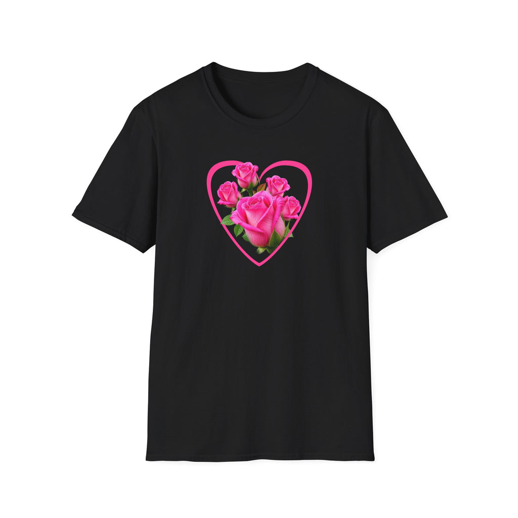T-Shirt — Pink Rose Heart Floral Tee (Valentine’s Day, Romantic Gift)