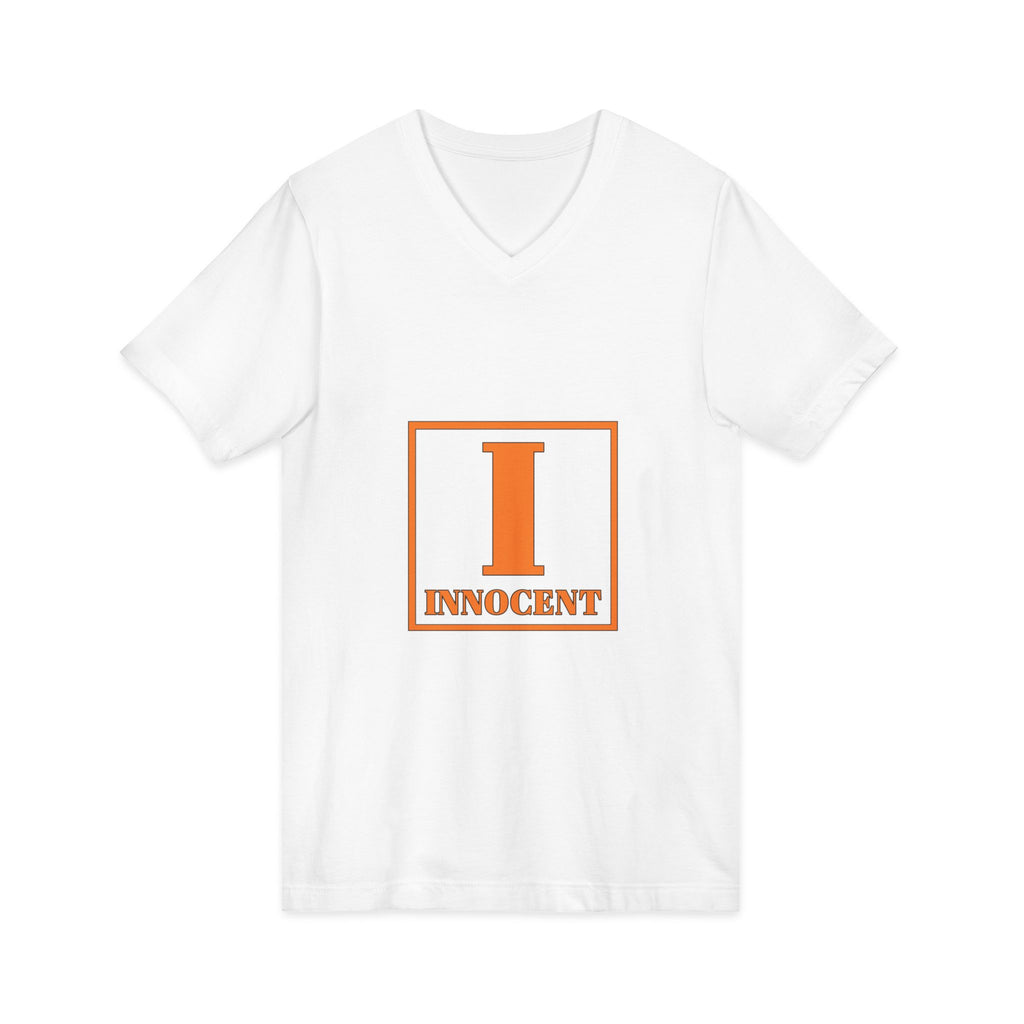 Innocent Graphic V-Neck Tee — Bold Orange 'I Innocent' Square Design