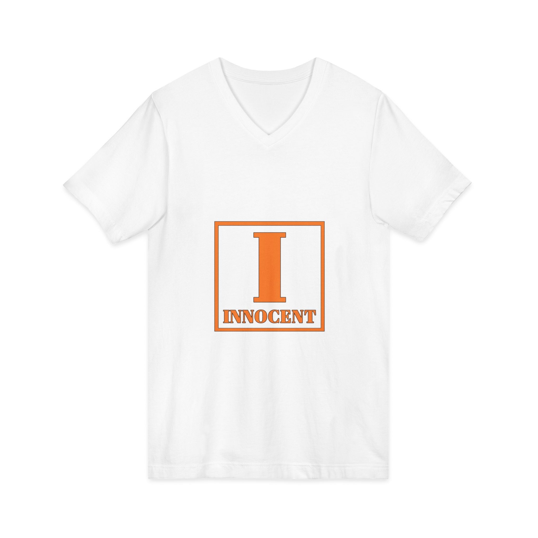 Innocent Graphic V-Neck Tee — Bold Orange 'I Innocent' Square Design