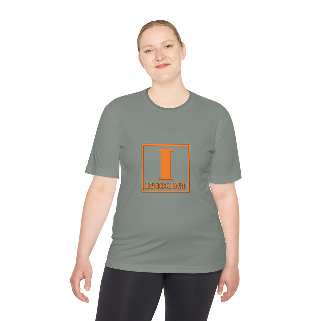 Innocent Block Letter Tee — Orange 'I' Graphic Moisture-Wicking Shirt