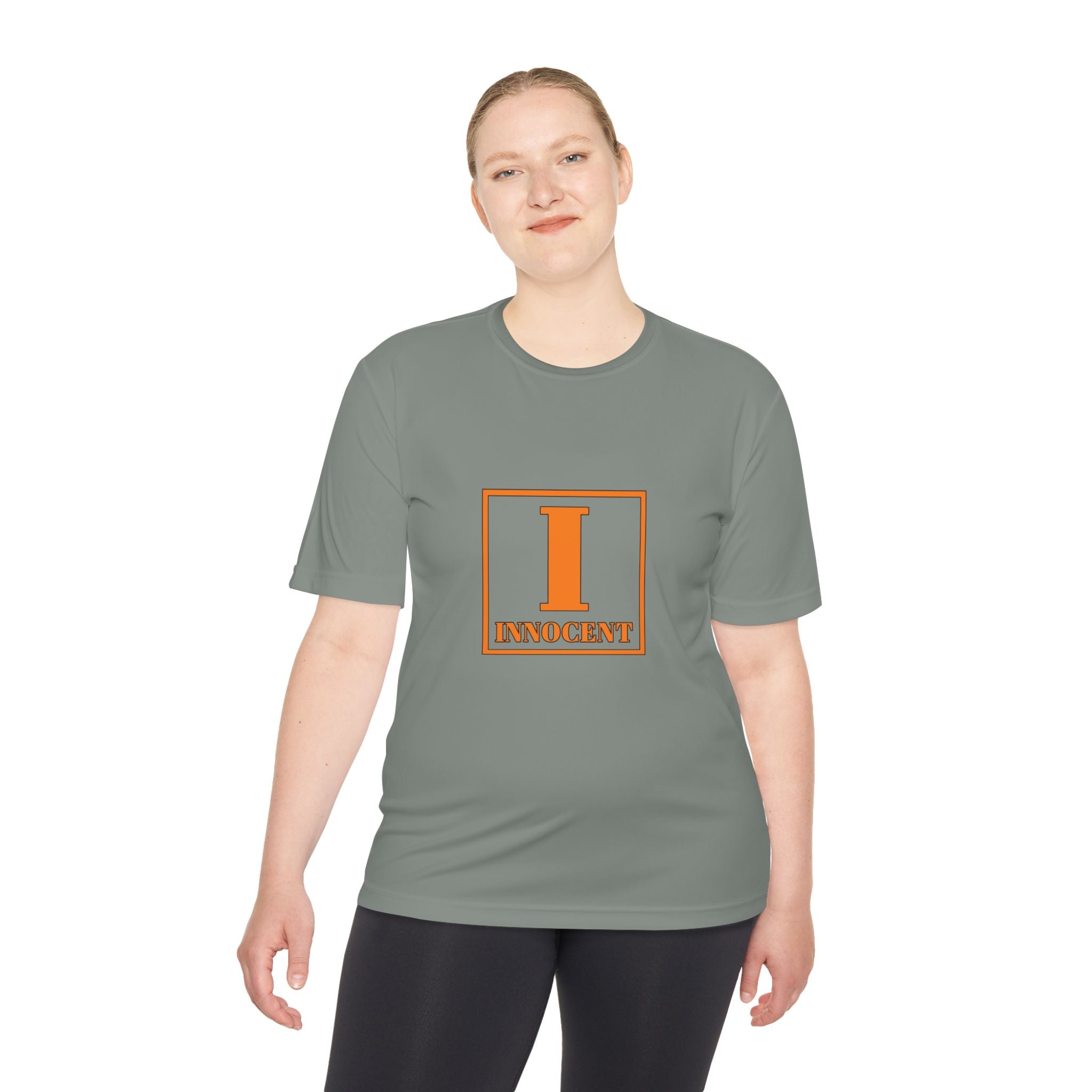 Innocent Block Letter Tee — Orange 'I' Graphic Moisture-Wicking Shirt