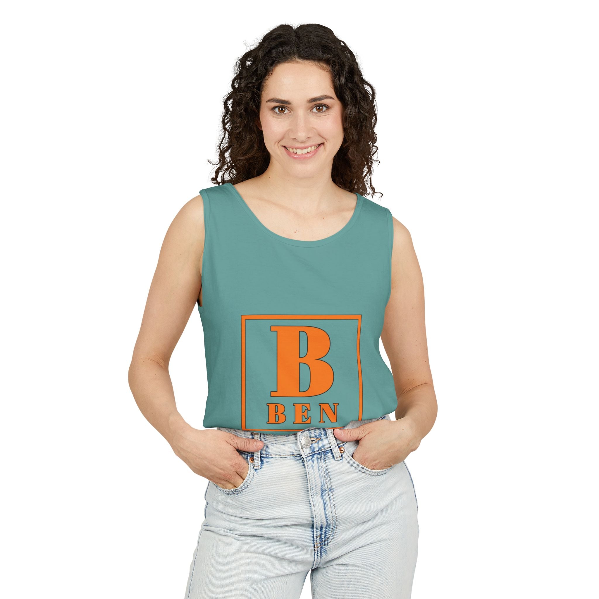 Ben Monogram Tank Top — Orange Initial B Vintage Box Graphic