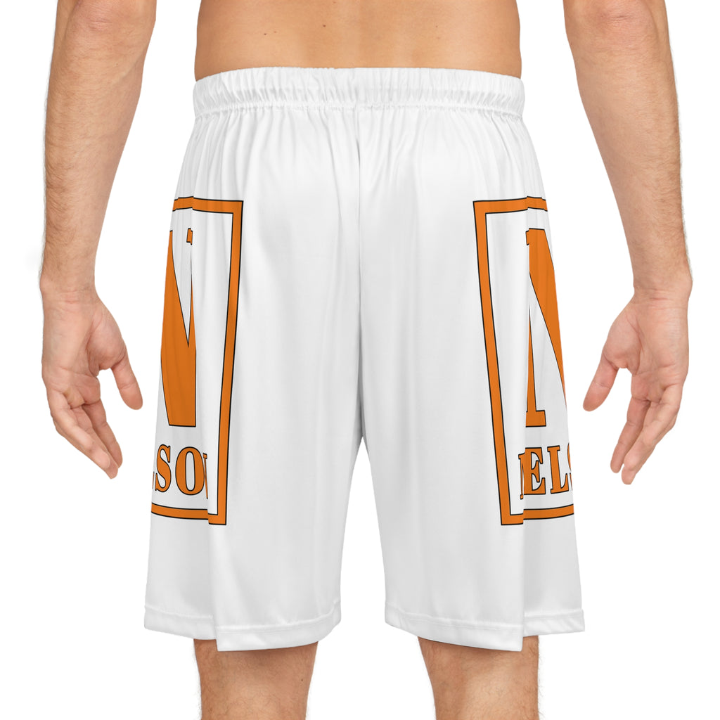Custom Team Basketball Shorts — Orange ‘N Nelson’ Logo All-Over Print