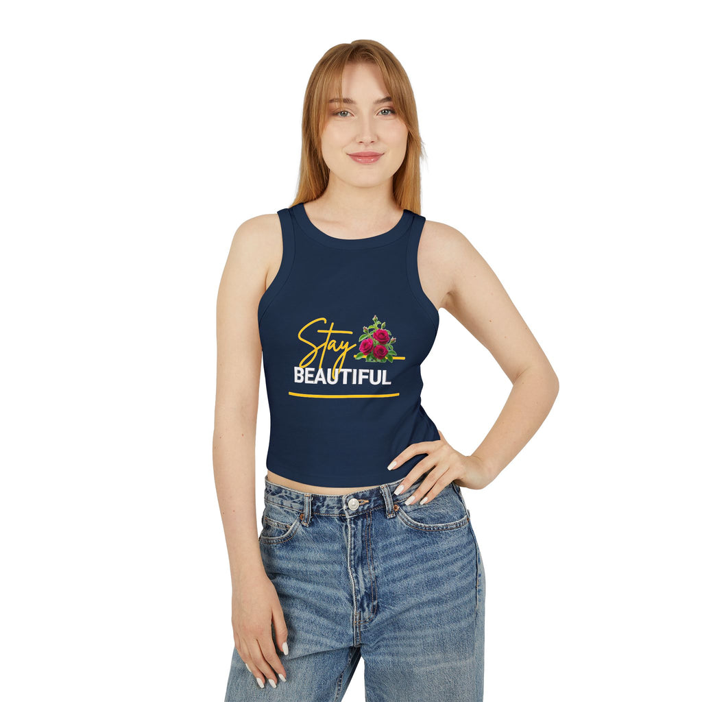 Stay Beautiful Floral Racer Tank Top — Women’s Cropped Micro Rib Tank