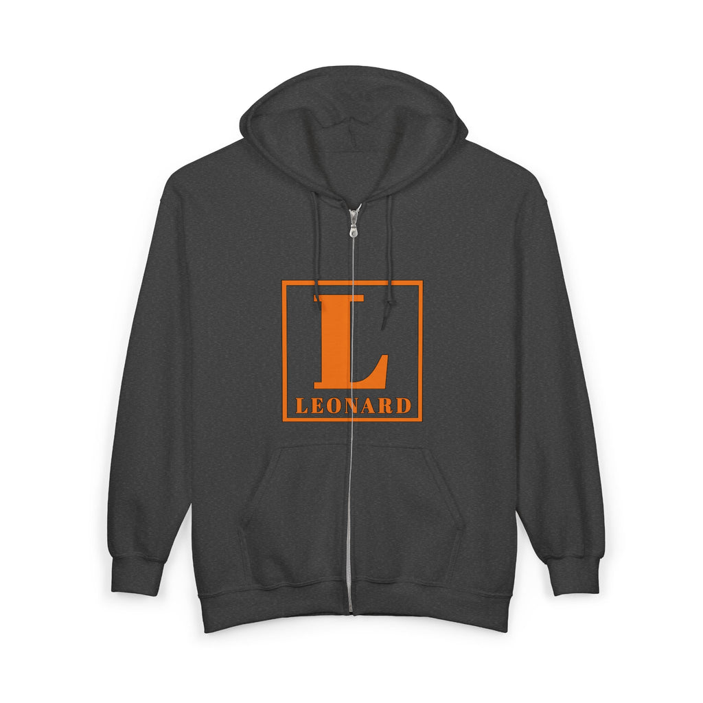 Leonard Initials Zip Hoodie — Orange Block Letter L Full‑Zip Sweatshirt