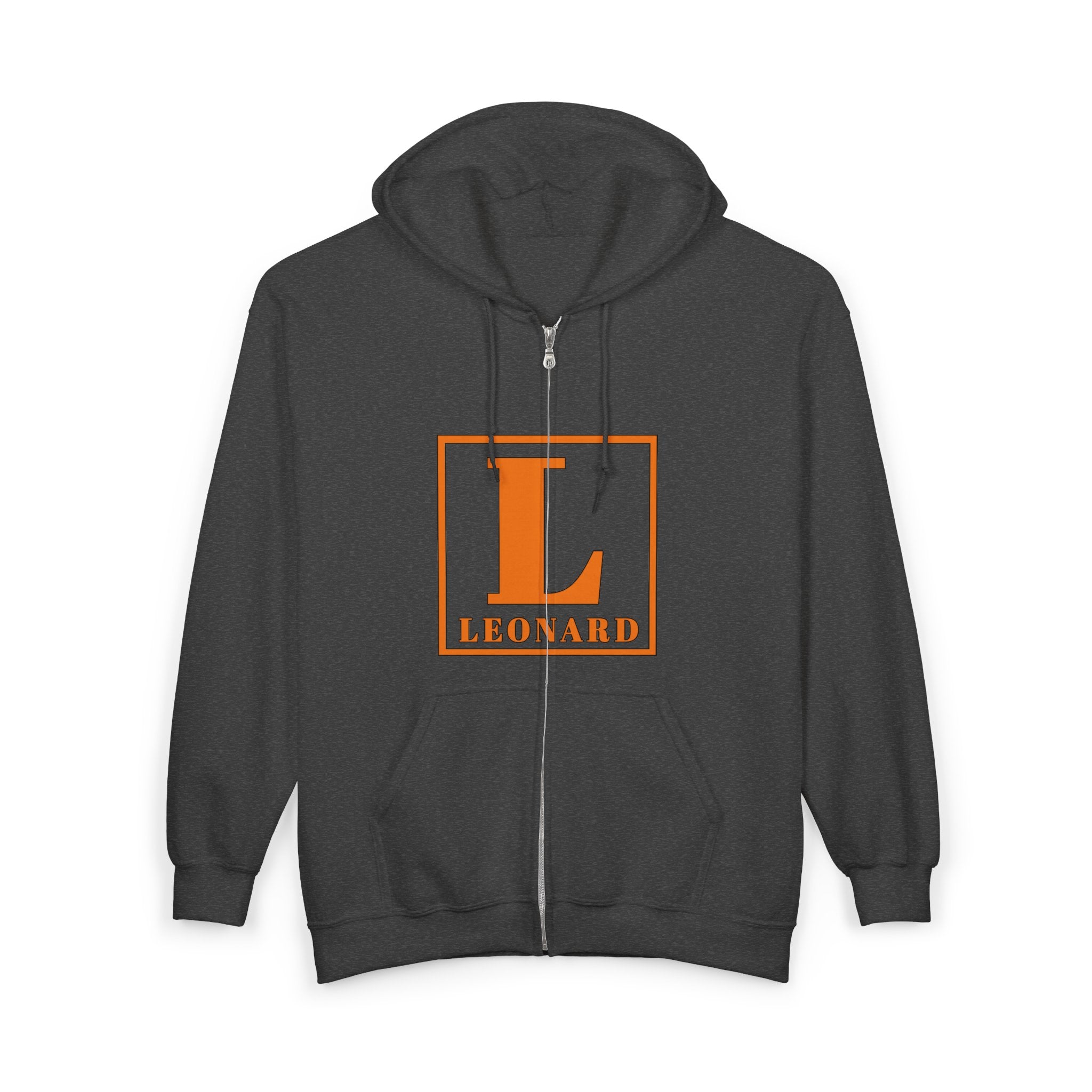 Leonard Initials Zip Hoodie — Orange Block Letter L Full‑Zip Sweatshirt
