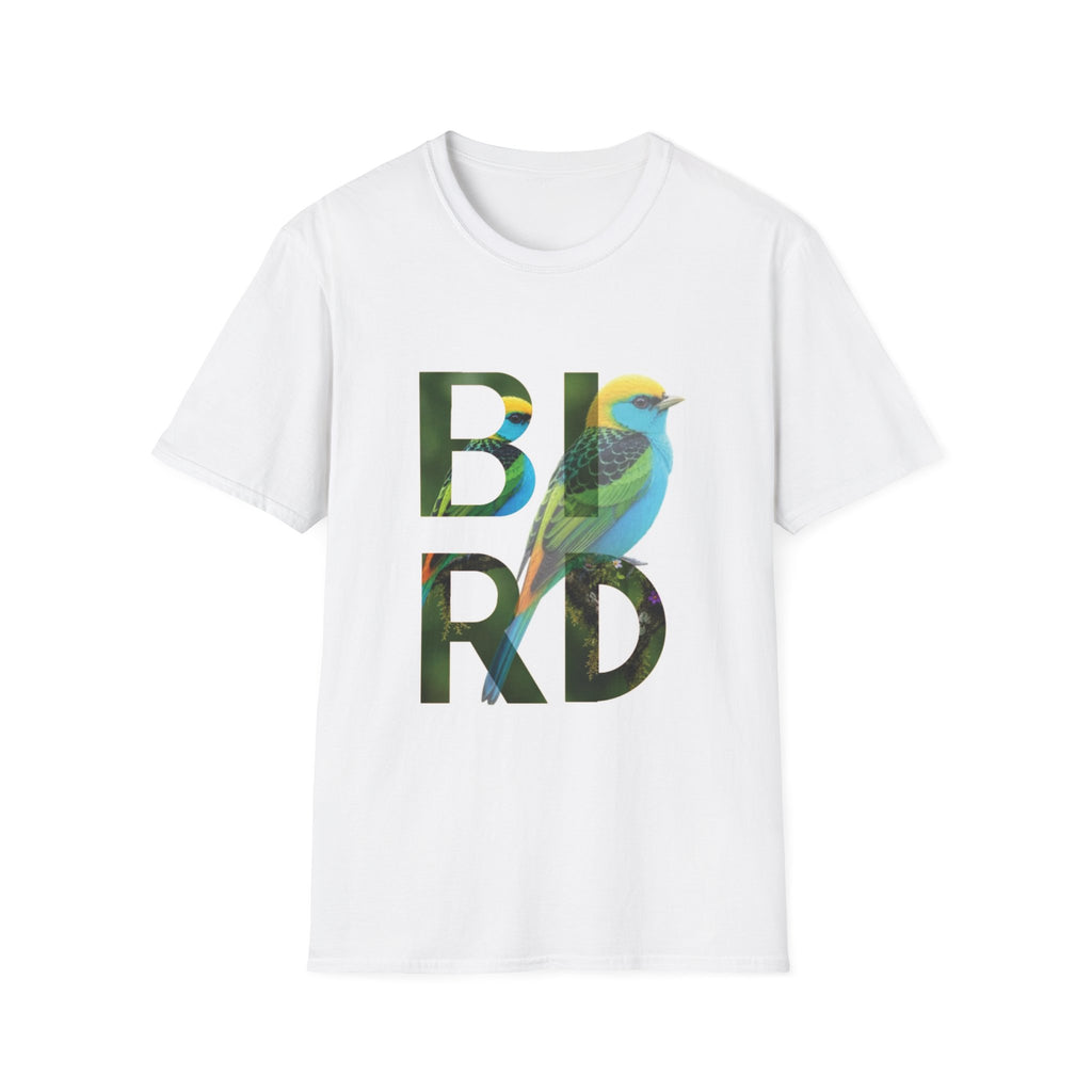 Bird Graphic T-Shirt — Colorful 'BIRD' Typography with Tropical Songbird