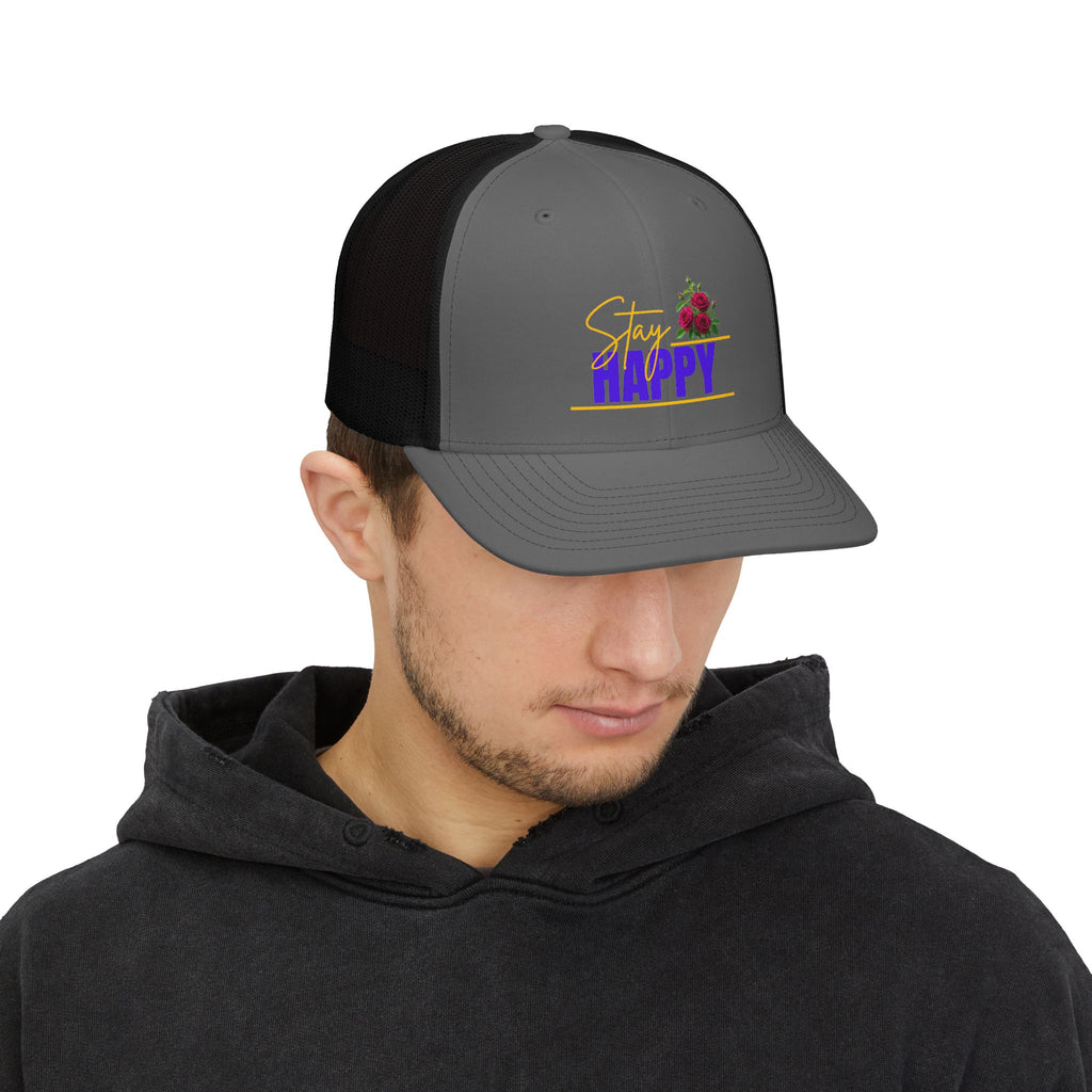 Trucker Cap — "Stay Happy" Floral Snapback