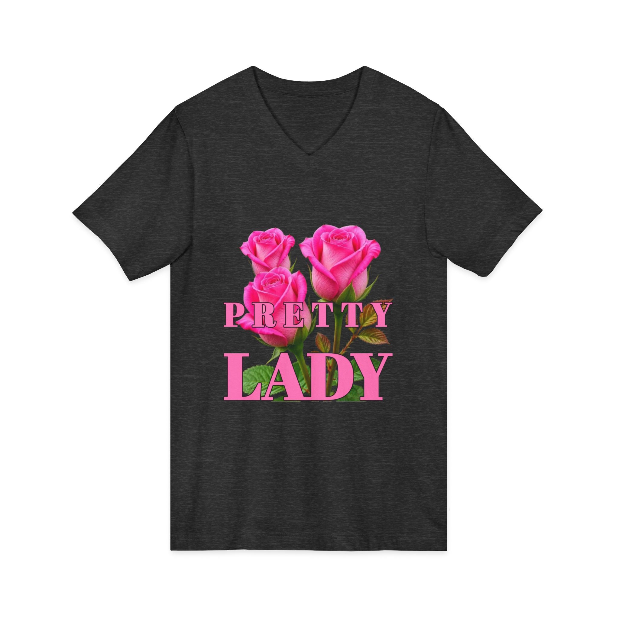 Pretty Lady V-Neck Tee — Pink Rose Floral Graphic Shirt