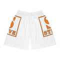 Basketball Shorts — White AOP with Orange 'S STEVE' Retro Logo