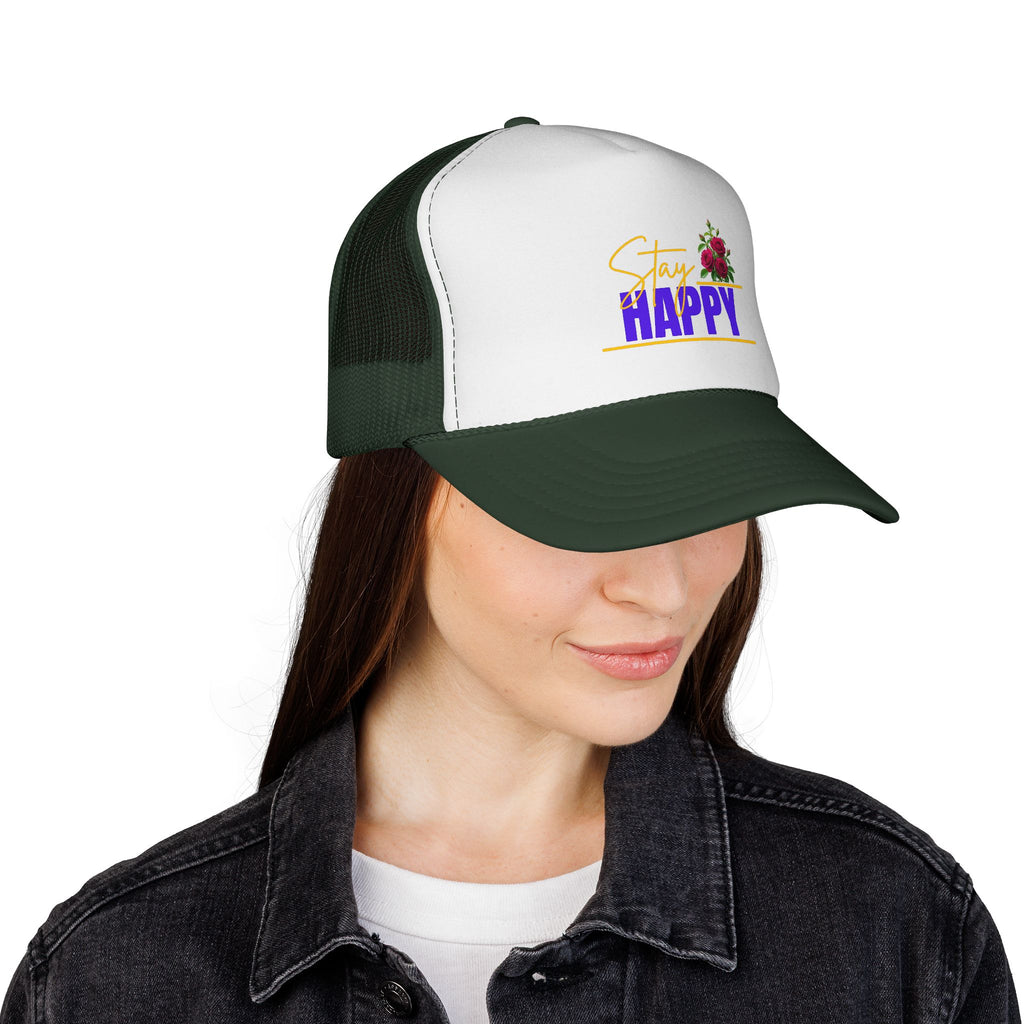 Stay Happy Trucker Hat — Floral Positive Vibe Cap