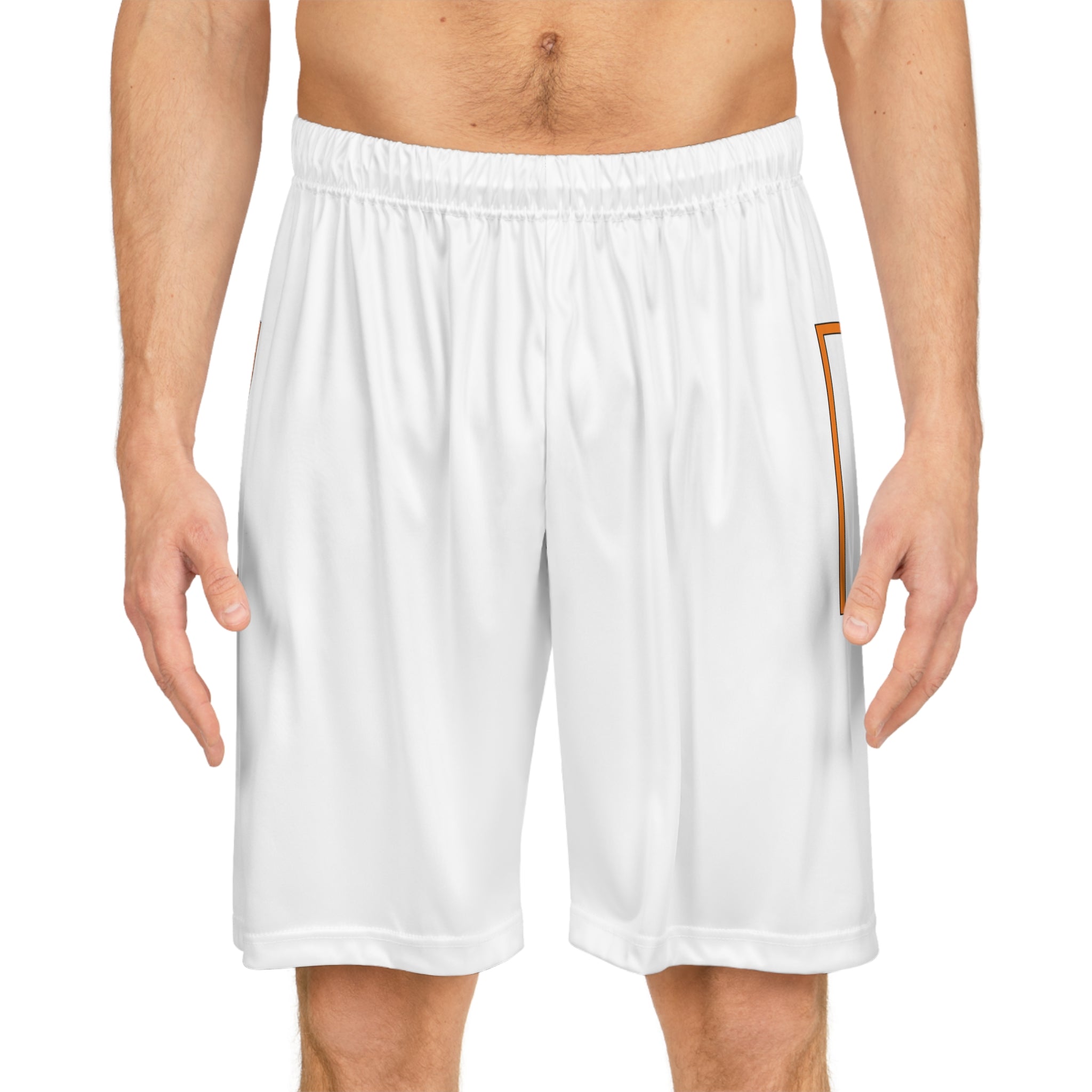 Basketball Shorts — White All-Over Print with Orange "B/Been" Side Logo