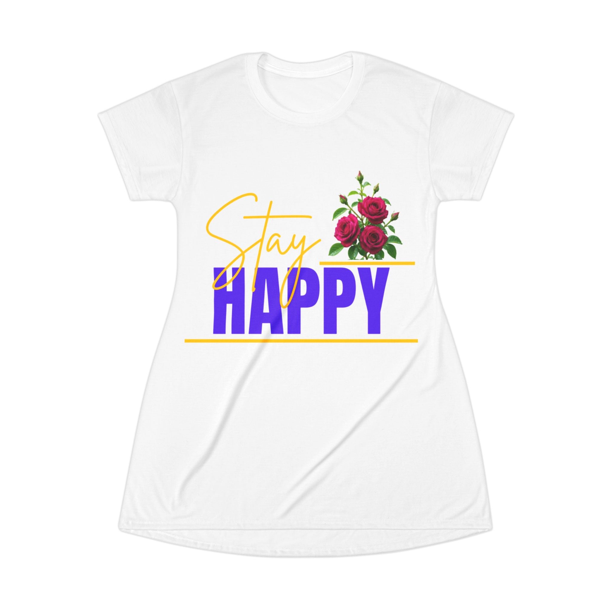 Stay Happy Floral T-Shirt Dress — Positive Quote Casual Dress
