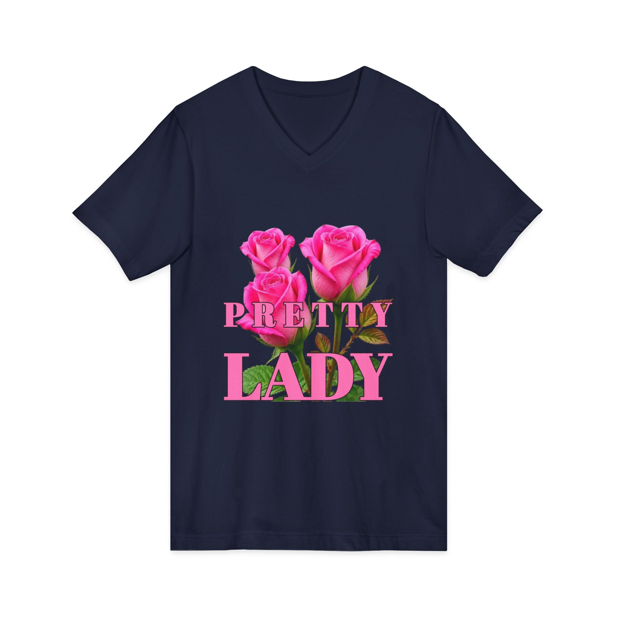 Pretty Lady V-Neck Tee — Pink Rose Floral Graphic Shirt