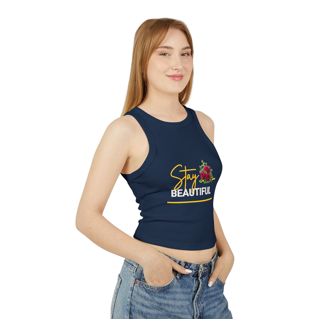 Stay Beautiful Floral Racer Tank Top — Women’s Cropped Micro Rib Tank