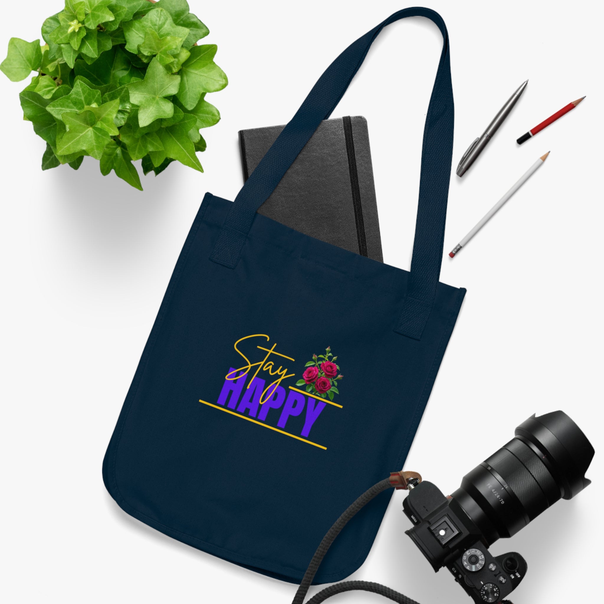 Stay Happy Floral Tote Bag – Positive Message Organic Canvas Tote