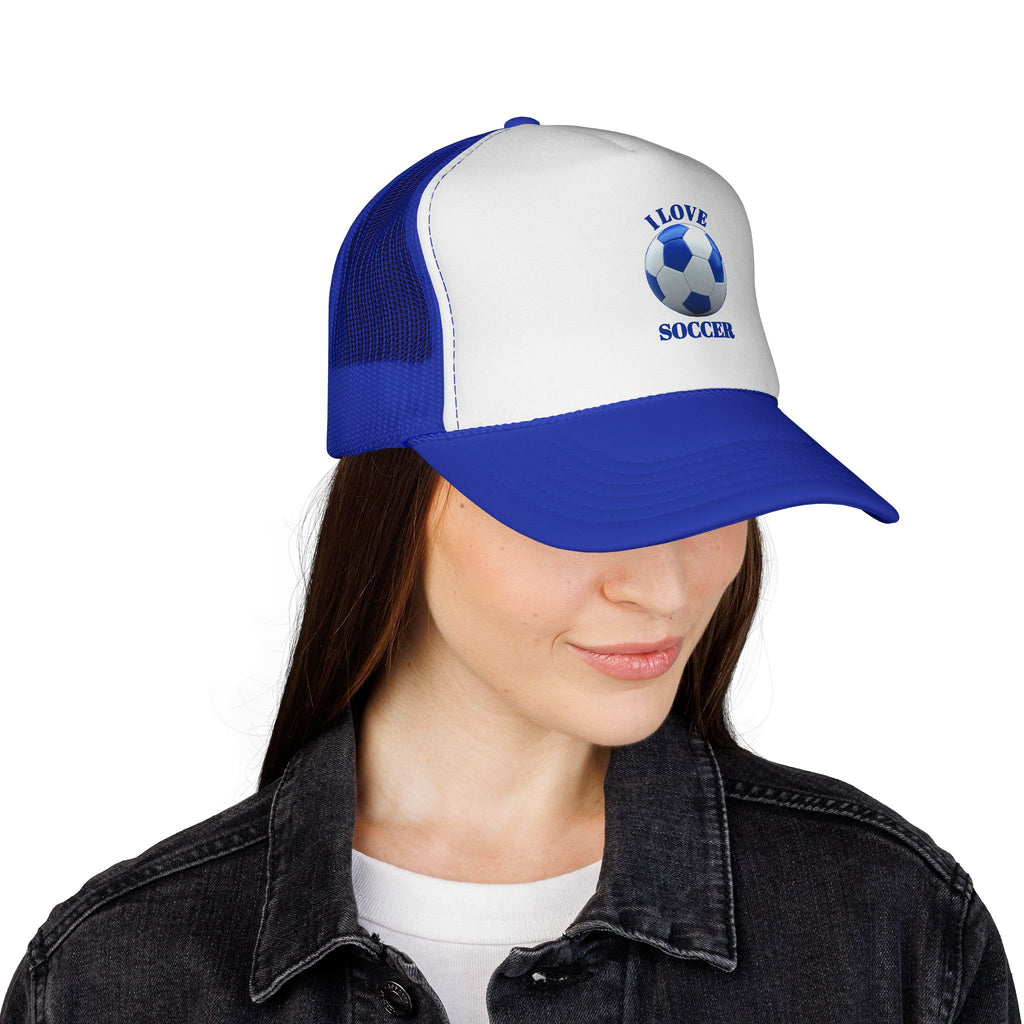 I Love Soccer Trucker Hat – Blue Soccer Ball Mesh Cap for Fans & Players