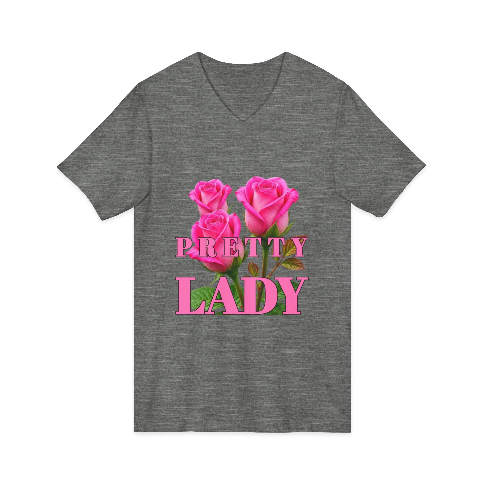 Pretty Lady V-Neck Tee — Pink Rose Floral Graphic Shirt