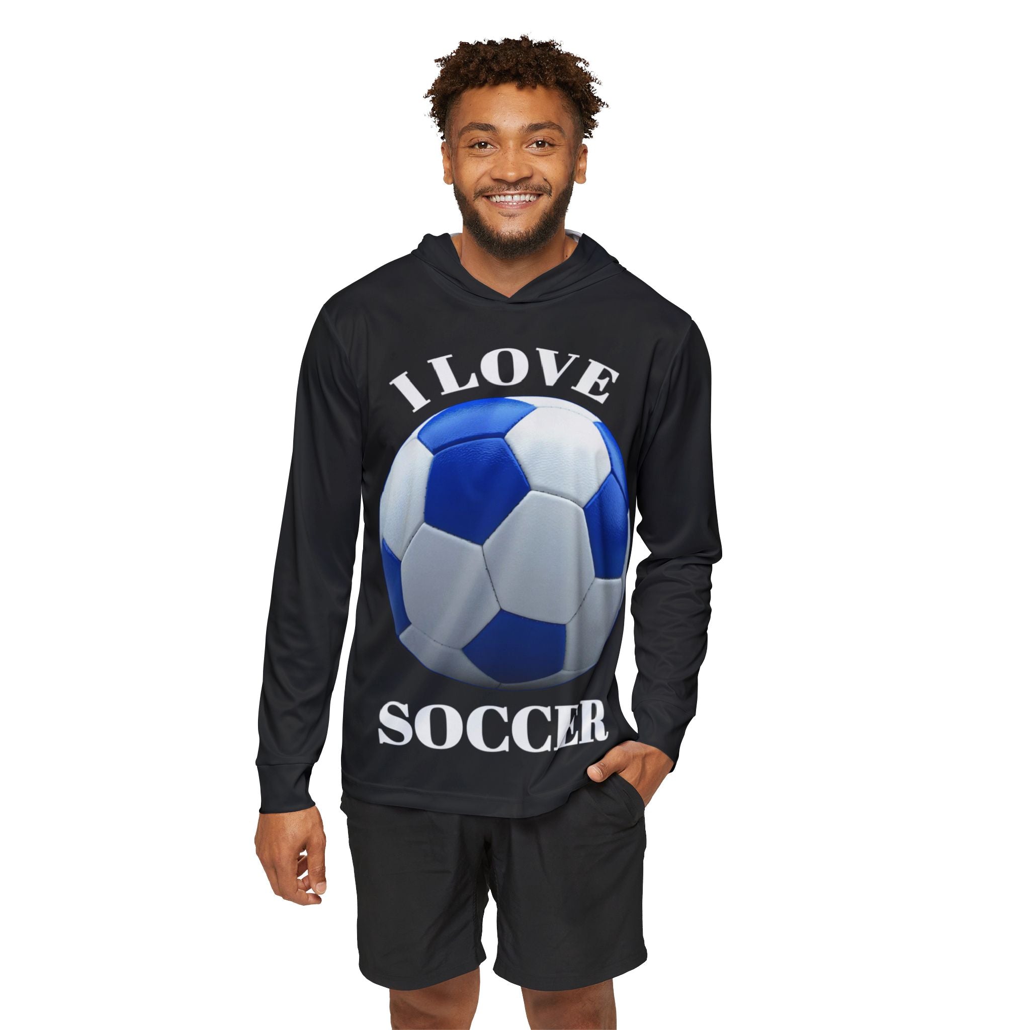 I Love Soccer Hoodie — Men's Athletic Warmup Hoodie with Blue Soccer Ball