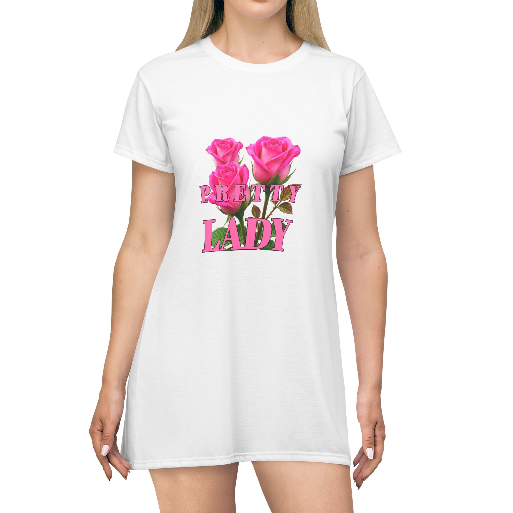 Pretty Lady T‑Shirt Dress – Pink Rose Graphic