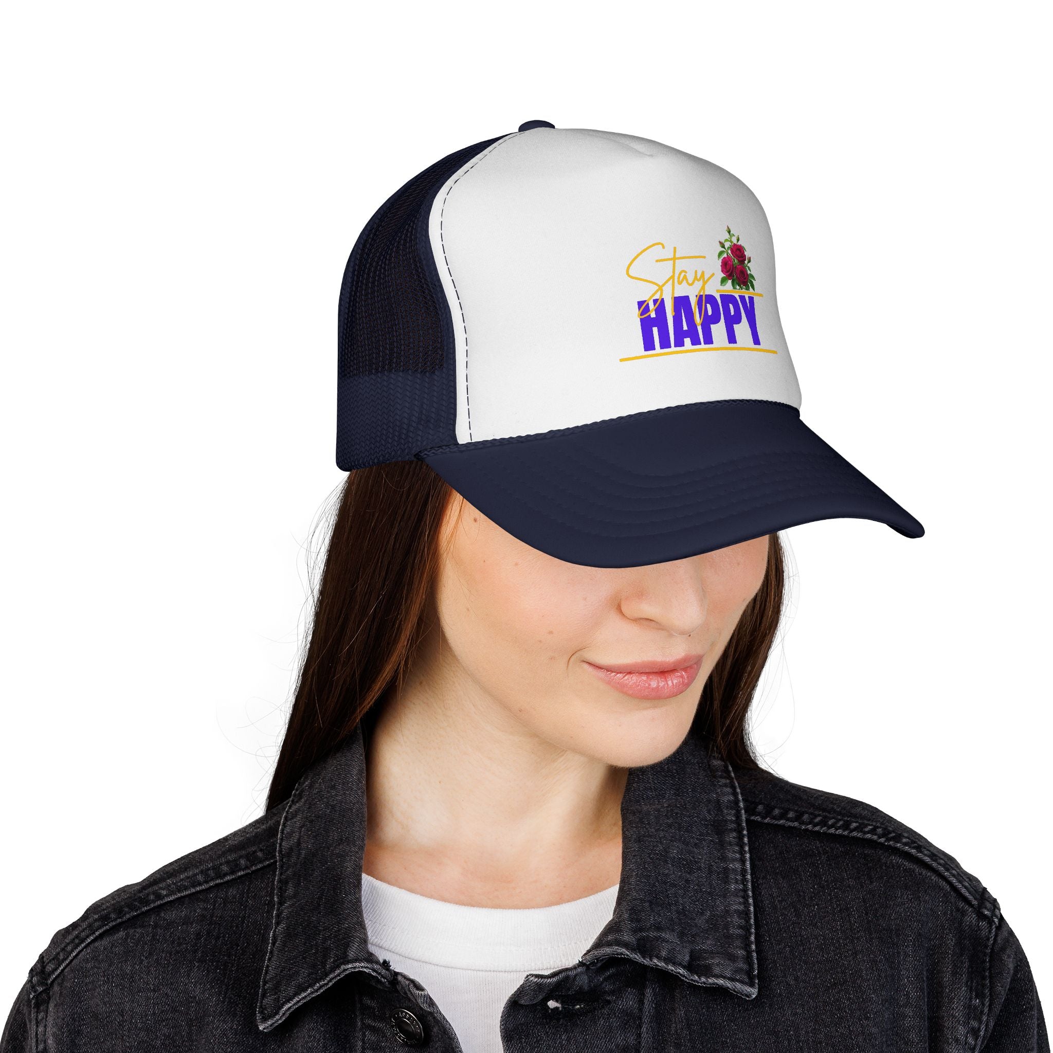 Stay Happy Trucker Hat — Floral Positive Vibe Cap