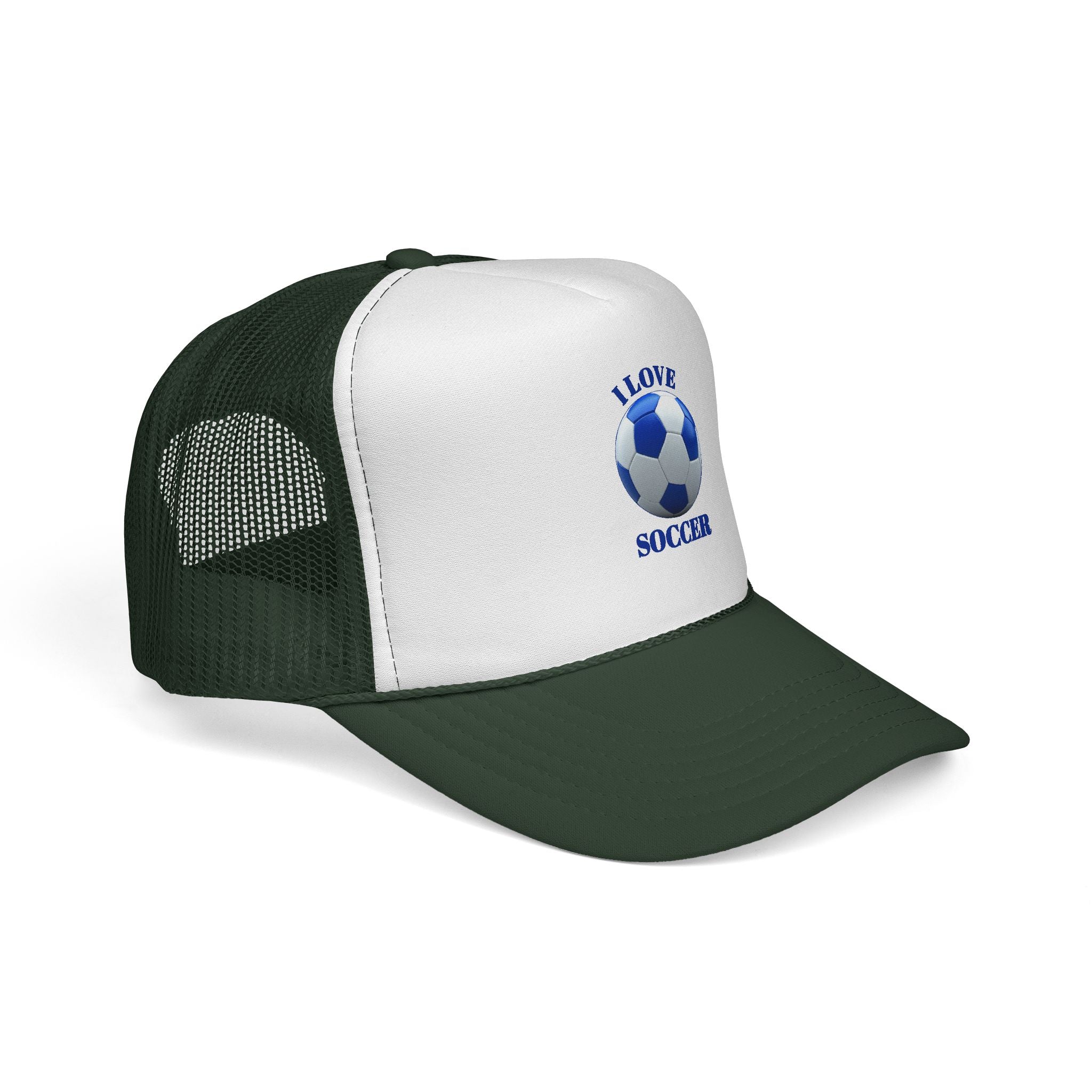 I Love Soccer Trucker Hat – Blue Soccer Ball Mesh Cap for Fans & Players