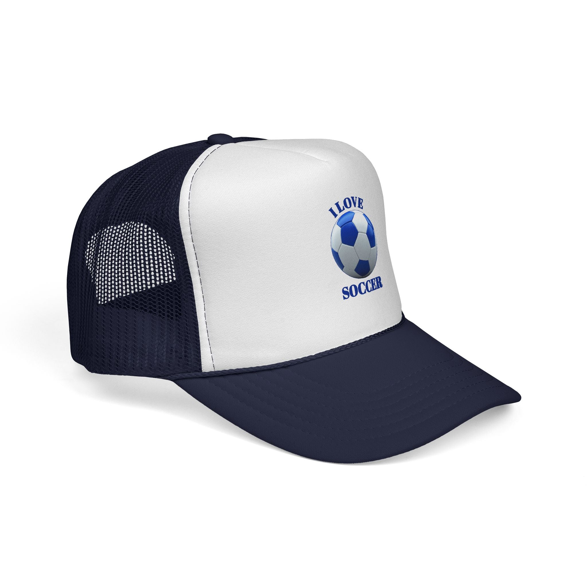 I Love Soccer Trucker Hat – Blue Soccer Ball Mesh Cap for Fans & Players