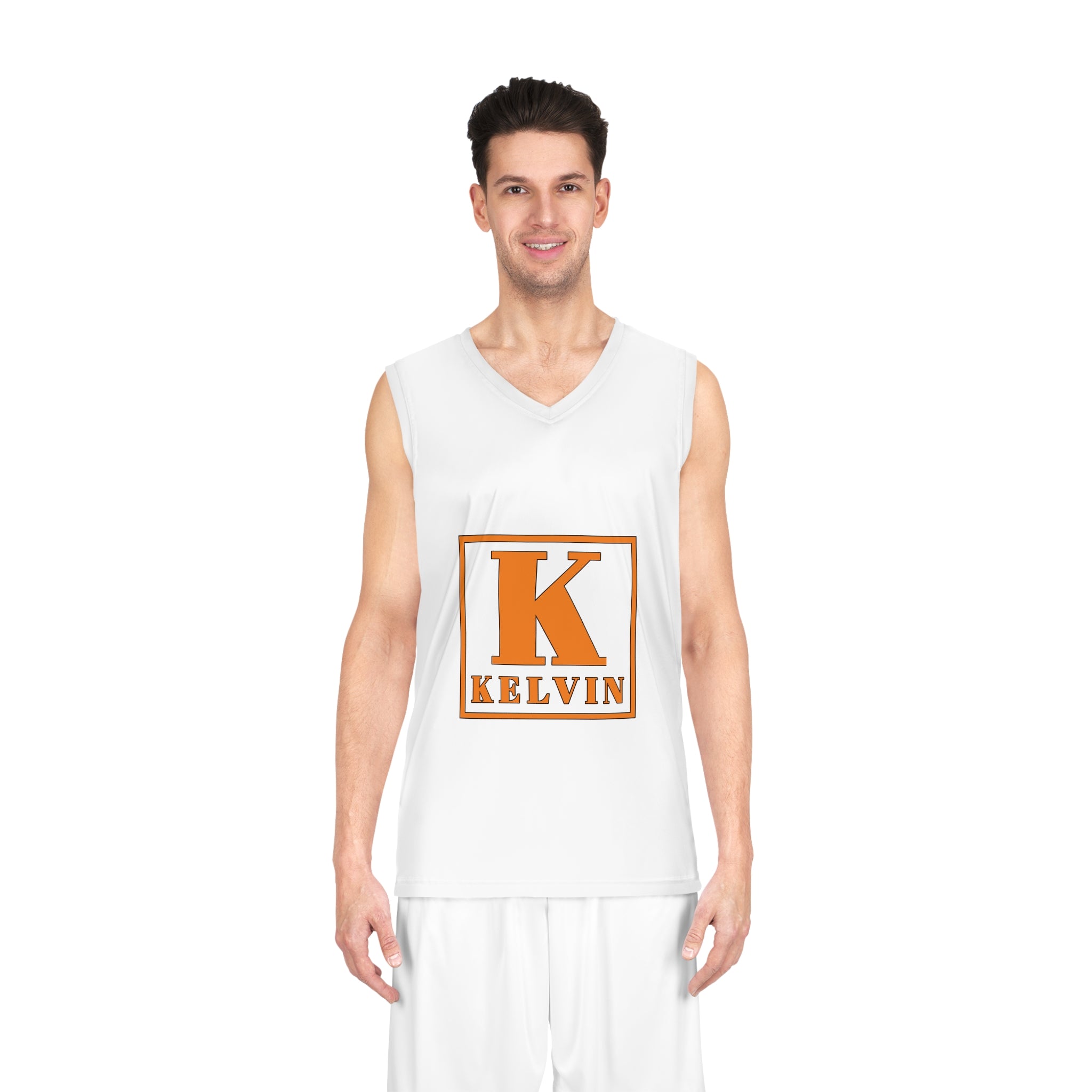 Personalized Basketball Jersey — Orange "K Kelvin" Block Letter Design