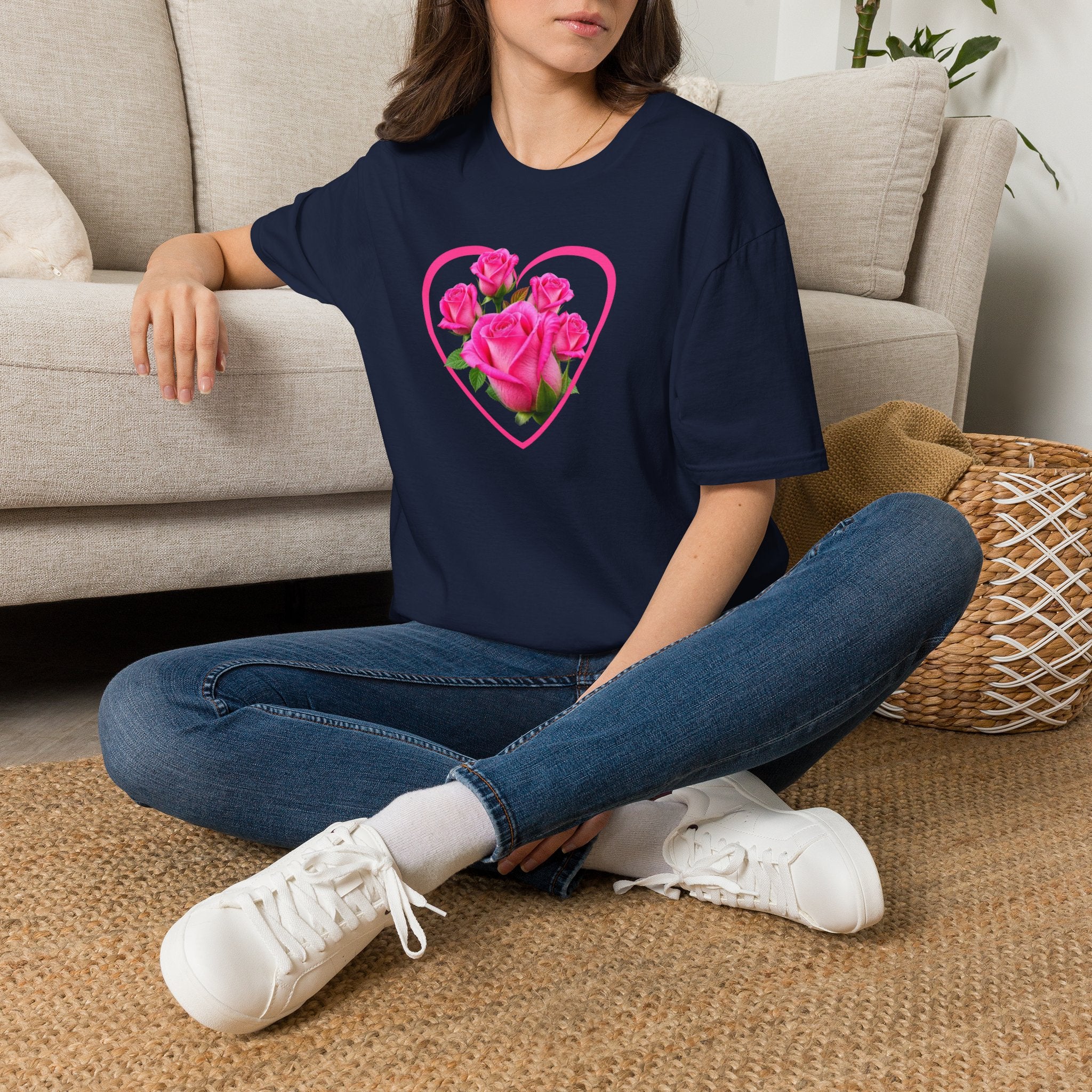 T-Shirt — Pink Rose Heart Floral Tee (Valentine’s Day, Romantic Gift)