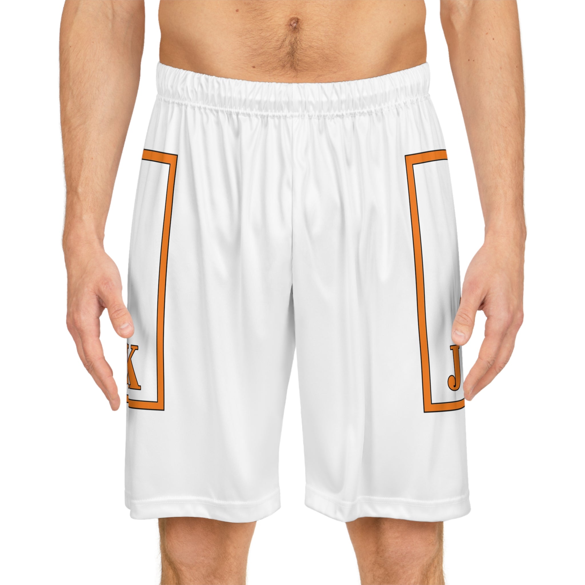 Basketball Shorts — White All-Over-Print with Orange 'Jack' Logo