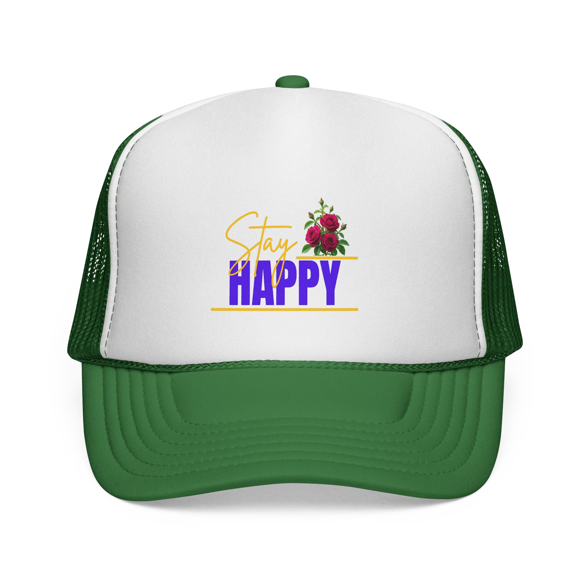 Stay Happy Trucker Hat — Floral Positive Vibe Cap